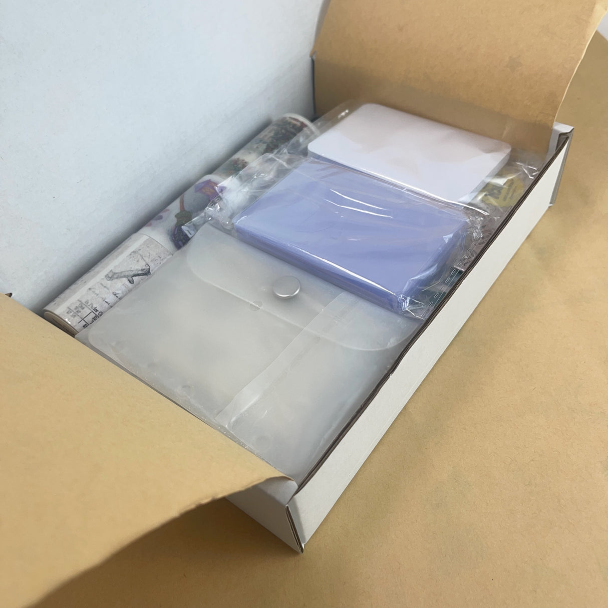 1LB (18 Stuff)Surprise vintage Journaling scrapbooking Supplies Box with 20pcs White ATC Cards 20 Clear ATC Cards 1 Card Holder Sticker Book PET Tape Washi Tape