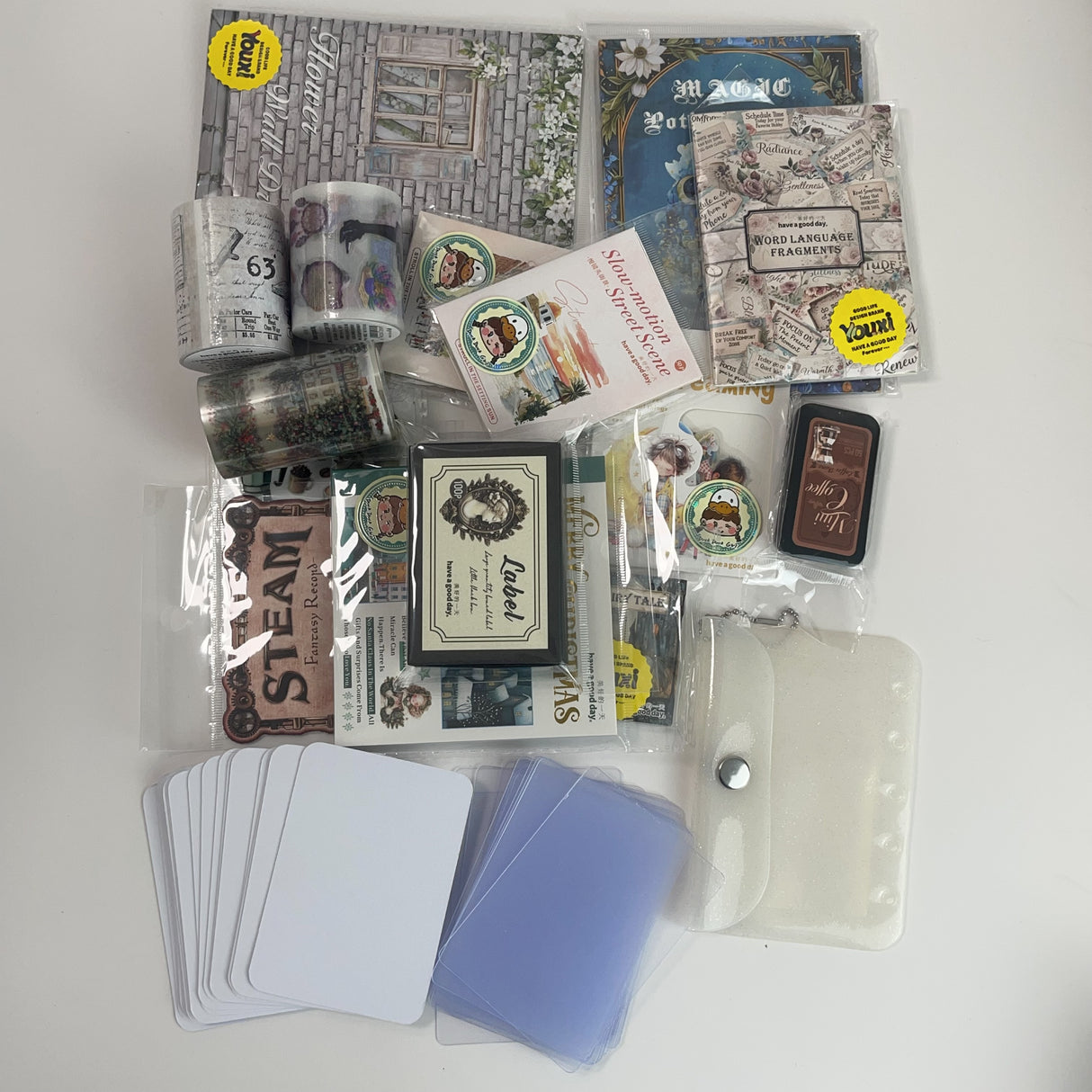 1LB (18 Stuff)Surprise vintage Journaling scrapbooking Supplies Box with 20pcs White ATC Cards 20 Clear ATC Cards 1 Card Holder Sticker Book PET Tape Washi Tape