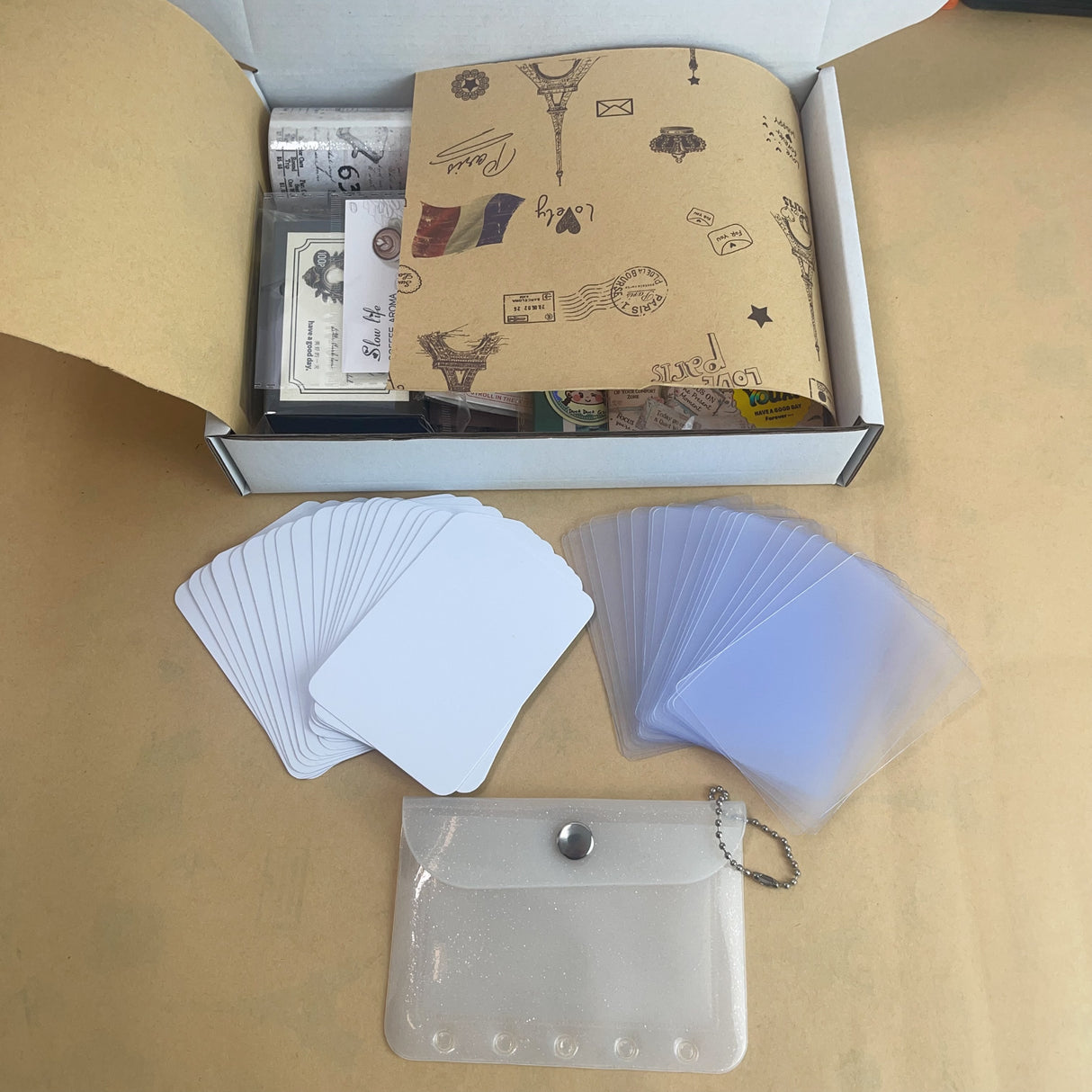 1LB (18 Stuff)Surprise vintage Journaling scrapbooking Supplies Box with 20pcs White ATC Cards 20 Clear ATC Cards 1 Card Holder Sticker Book PET Tape Washi Tape