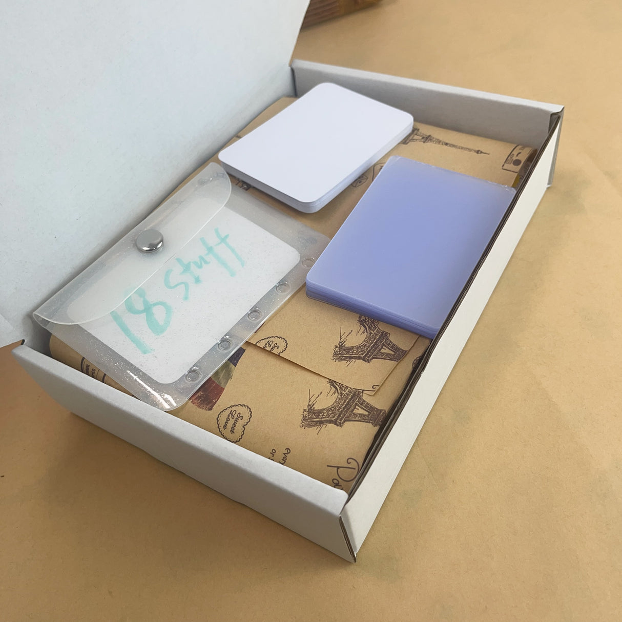 1LB (18 Stuff)Surprise vintage Journaling scrapbooking Supplies Box with 20pcs White ATC Cards 20 Clear ATC Cards 1 Card Holder Sticker Book PET Tape Washi Tape