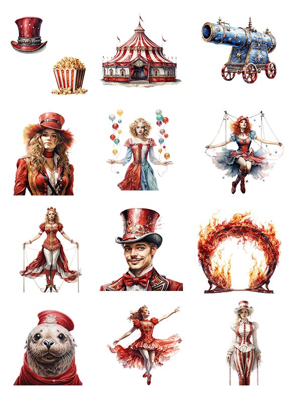 8 A5 size sheets Circus pre-cut PET sticker set (A25100401-1)